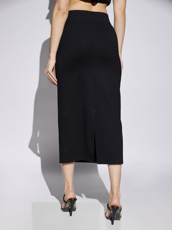Globus Women Black Mid Rise Back Slit Stretchable Pencil Midi Skirt