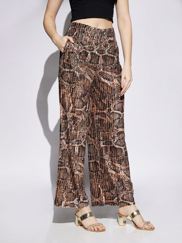 Globus Women Gold Animal Print Mid Rise Accordion Pleats Wide Leg Party Wear Trousers