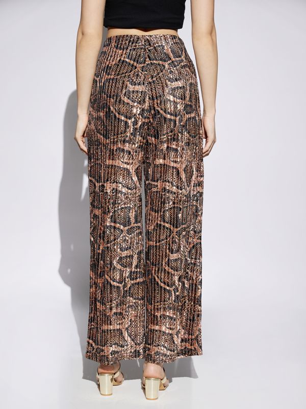 Globus Women Gold Animal Print Mid Rise Accordion Pleats Wide Leg Party Wear Trousers