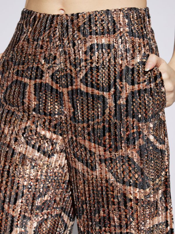Globus Women Gold Animal Print Mid Rise Accordion Pleats Wide Leg Party Wear Trousers
