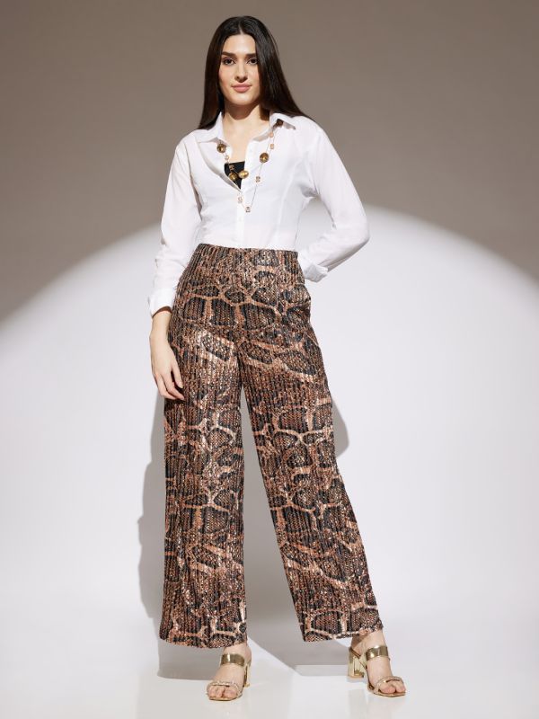 Globus Women Gold Animal Print Mid Rise Accordion Pleats Wide Leg Party Wear Trousers