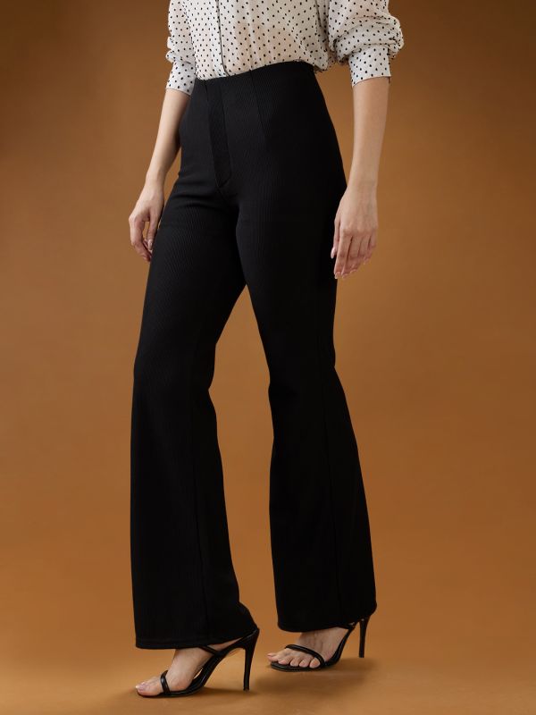 Globus Women Black Striped Mid Rise Straight Fit Trousers