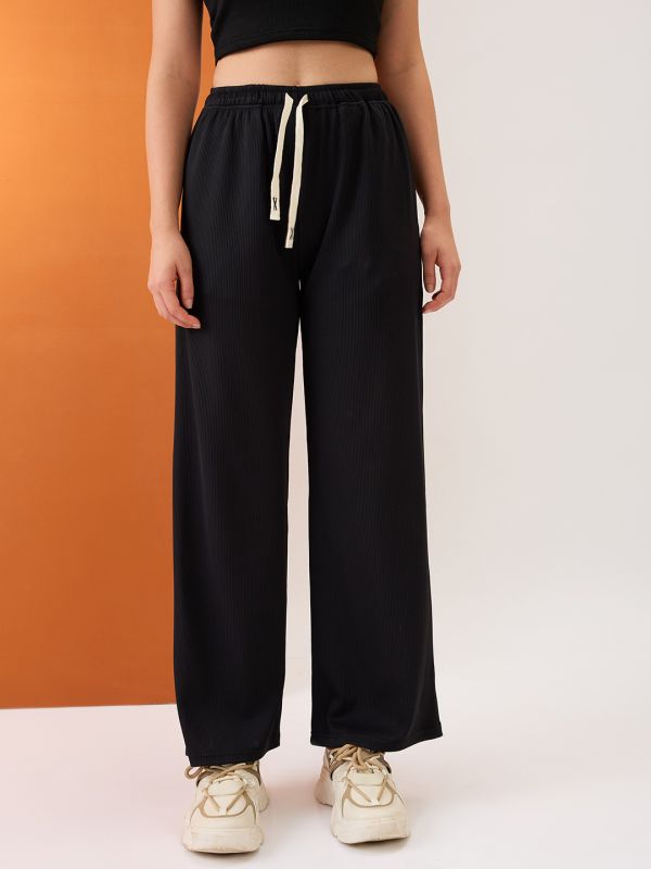 Globus Women Black Self Design Mid-Rise Stretchable Straight Fit Trousers