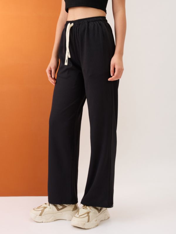 Globus Women Black Self Design Mid-Rise Stretchable Straight Fit Trousers