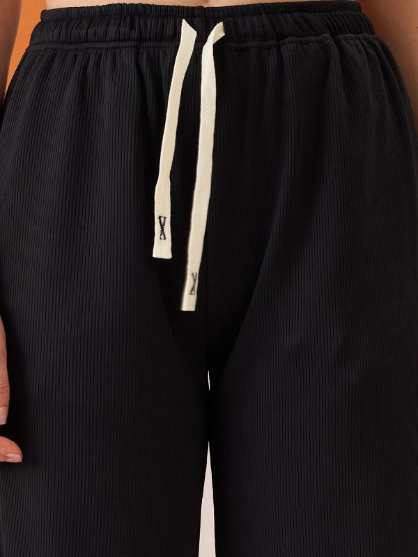 Globus Women Black Self Design Mid-Rise Stretchable Straight Fit Trousers