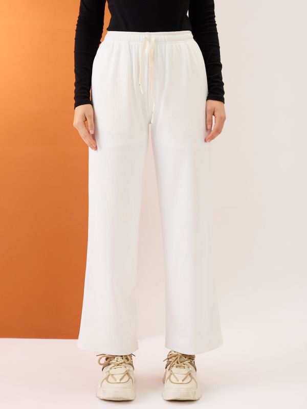 Globus Women White Self Design Mid-Rise Stretchable Straight Fit Trousers