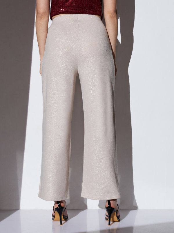 Globus Women Off White Mid-Rise Self Striped Shimmer Wide Leg Party Trousers