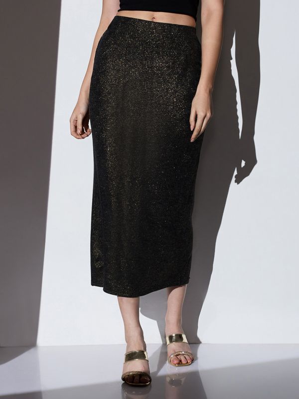 Globus Women Gold Mid-Rise Self Design Striped Shimmer Stretchable Back Slit Midi Party Pencil Skirt