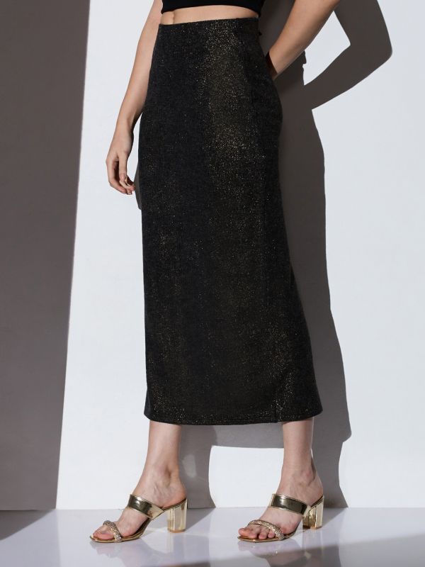 Globus Women Gold Mid-Rise Self Design Striped Shimmer Stretchable Back Slit Midi Party Pencil Skirt