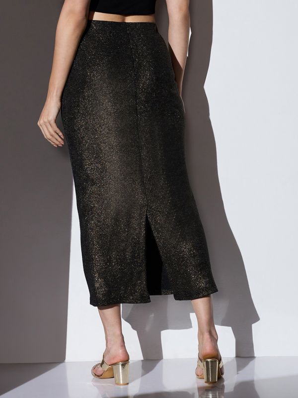 Globus Women Gold Mid-Rise Self Design Striped Shimmer Stretchable Back Slit Midi Party Pencil Skirt