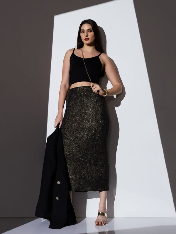 Globus Women Gold Mid-Rise Self Design Striped Shimmer Stretchable Back Slit Midi Party Pencil Skirt