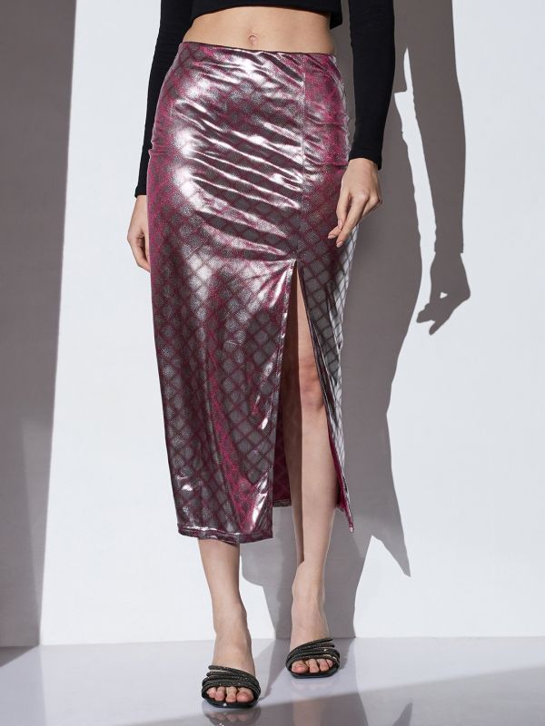Globus Women Shimmer Silver Mid-Rise Self Design Front Slit Midi Party Pencil Skirt