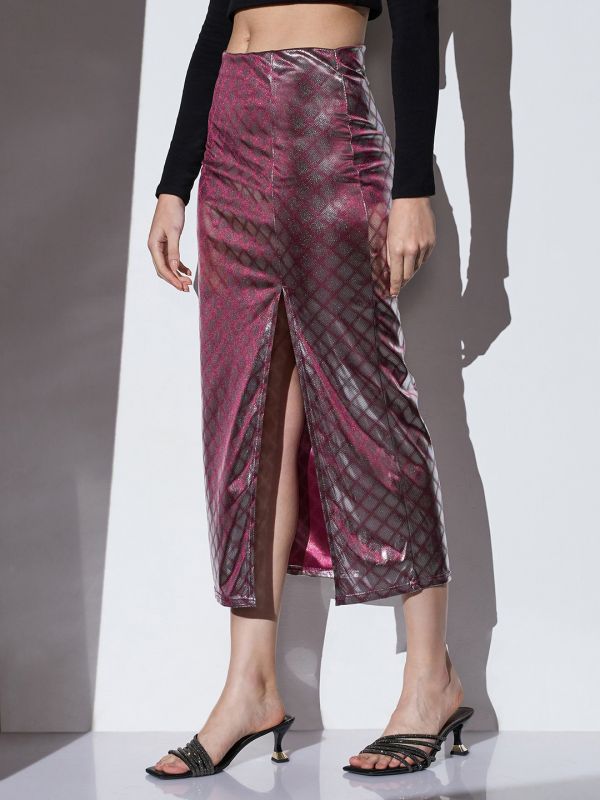 Globus Women Shimmer Silver Mid-Rise Self Design Front Slit Midi Party Pencil Skirt