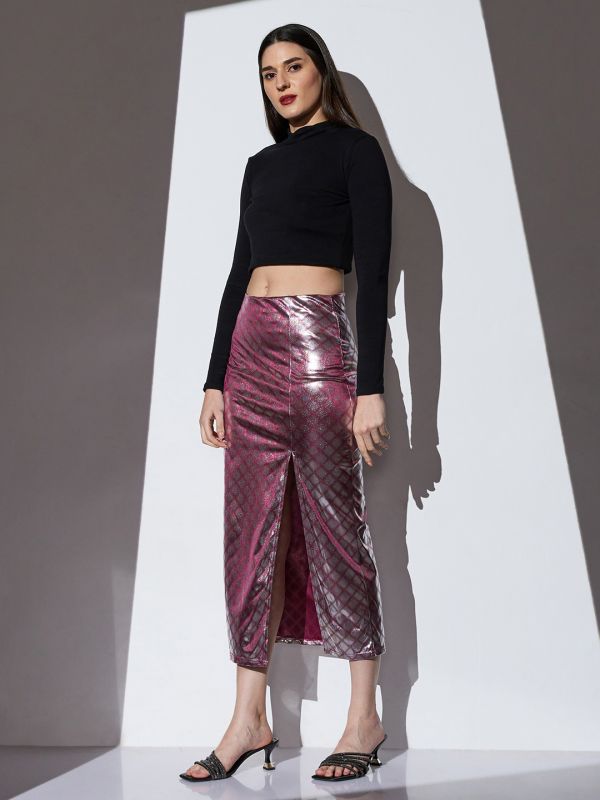 Globus Women Shimmer Silver Mid-Rise Self Design Front Slit Midi Party Pencil Skirt