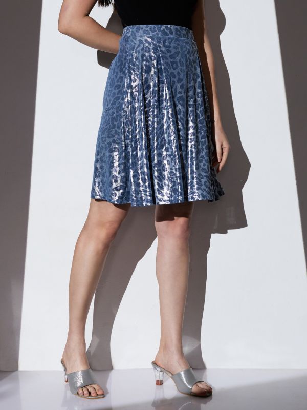 Globus Women Silver & Blue Mid-Rise Animal Print Metallic Mini Flared Party Skirt