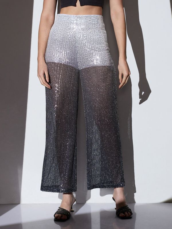 Globus Women White & Black Mid-Rise Ombre Embellished Wide Leg Party Trousers
