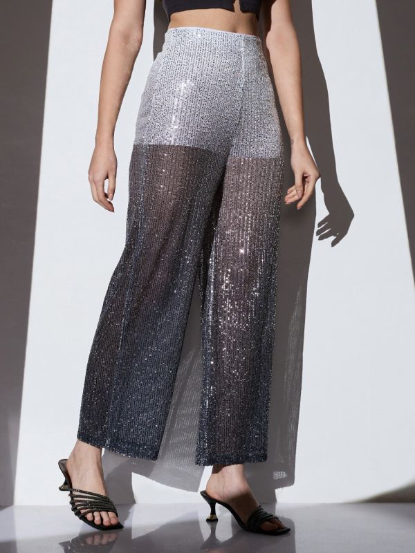 Globus Women White & Black Mid-Rise Ombre Embellished Wide Leg Party Trousers