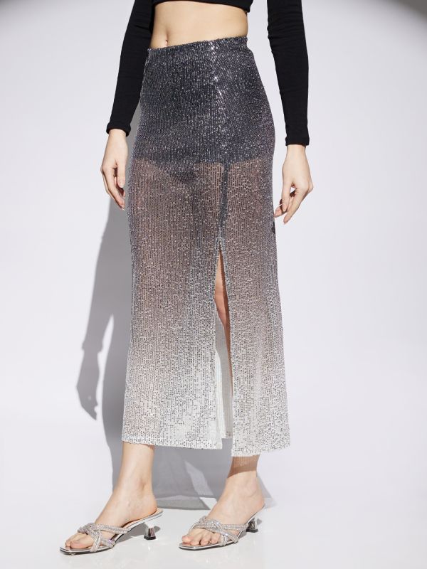 Globus Women Midnight Blue Ombre Pattern Sequin Detail Side Slit Pencil Midi Party Skirt