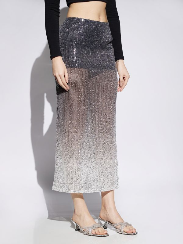 Globus Women Midnight Blue Ombre Pattern Sequin Detail Side Slit Pencil Midi Party Skirt
