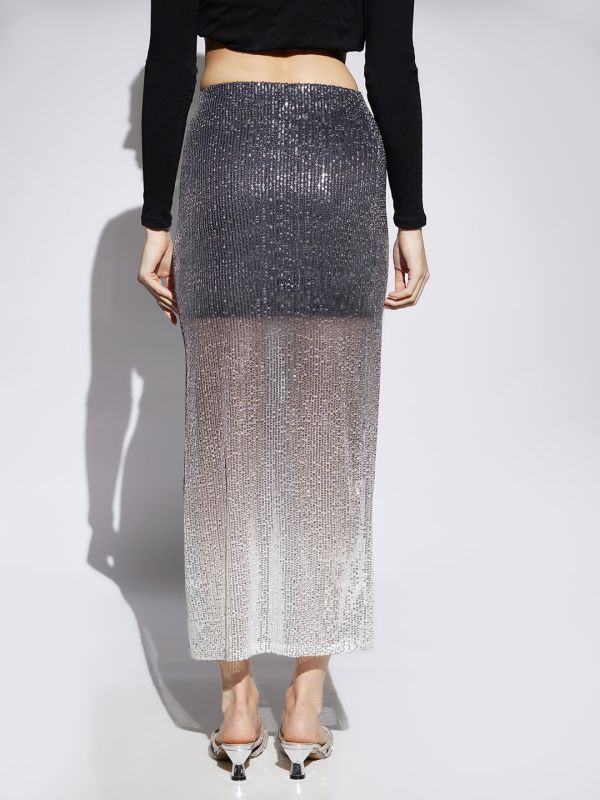 Globus Women Midnight Blue Ombre Pattern Sequin Detail Side Slit Pencil Midi Party Skirt