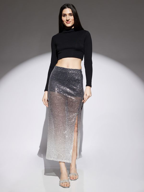 Globus Women Midnight Blue Ombre Pattern Sequin Detail Side Slit Pencil Midi Party Skirt