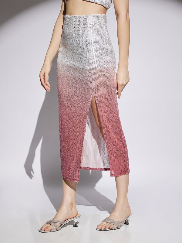 Globus Women Pink & Silver Ombre Pattern Sequin Detail Side Slit Pencil Midi Party Skirt