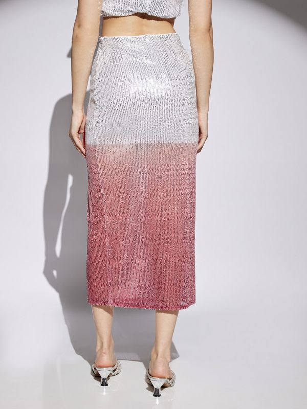 Globus Women Pink & Silver Ombre Pattern Sequin Detail Side Slit Pencil Midi Party Skirt