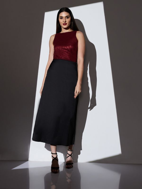 Globus Women Black Mid-Rise Solid Midi A-Line Party Skirt