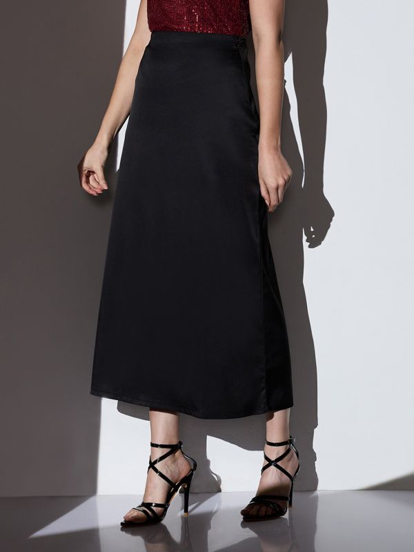 Globus Women Black Mid-Rise Solid Midi A-Line Party Skirt