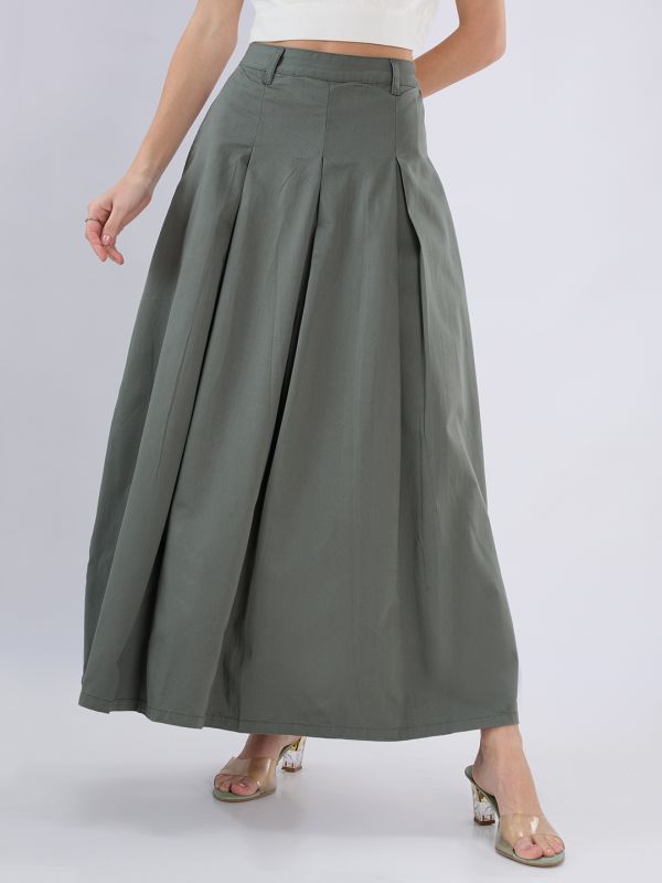 Globus Women Olive High Rise Pleated Flared Maxi Skirt with Belt Loops