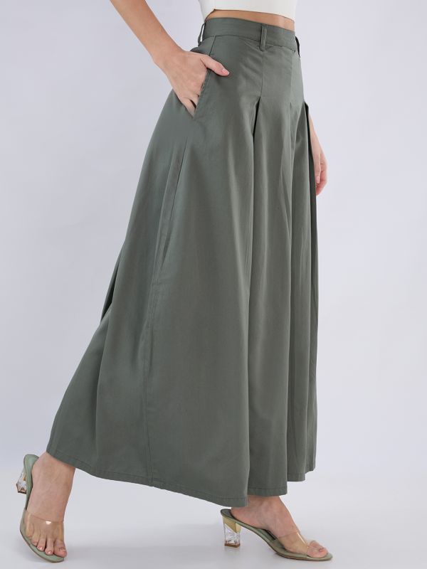 Globus Women Olive High Rise Pleated Flared Maxi Skirt with Belt Loops