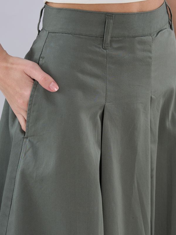 Globus Women Olive High Rise Pleated Flared Maxi Skirt with Belt Loops