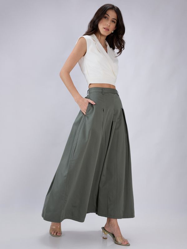 Globus Women Olive High Rise Pleated Flared Maxi Skirt with Belt Loops