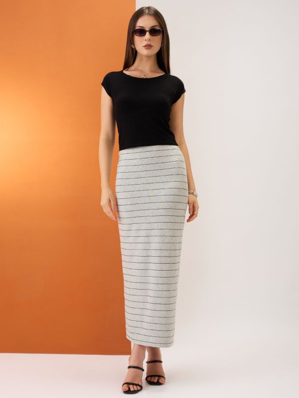 Globus Women Grey Striped Mid-Rise Stretchable Maxi Pencil Skirt