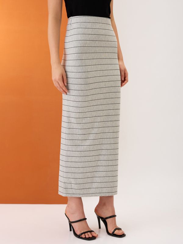 Globus Women Grey Striped Mid-Rise Stretchable Maxi Pencil Skirt
