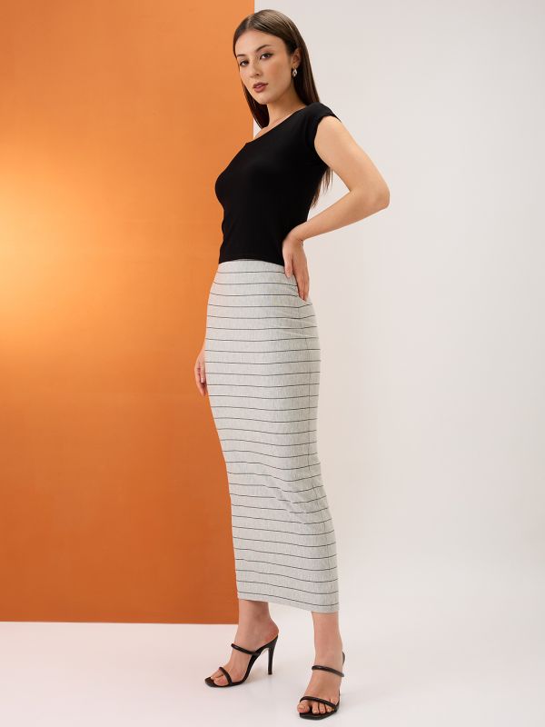 Globus Women Grey Striped Mid-Rise Stretchable Maxi Pencil Skirt