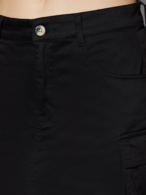 Globus Women Black Stretchable Mid Rise A-Line Cargo Mini Skirt
