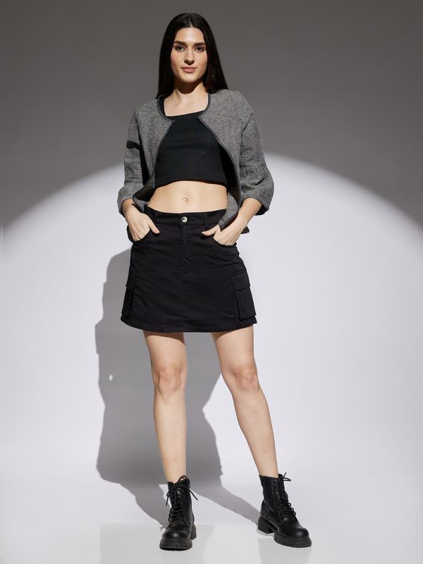 Globus Women Black Stretchable Mid Rise A-Line Cargo Mini Skirt