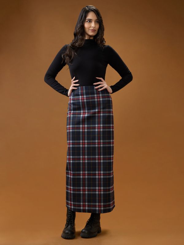 Globus Women Red Checked Mid-Rise Side Slit Straight Maxi Skirt