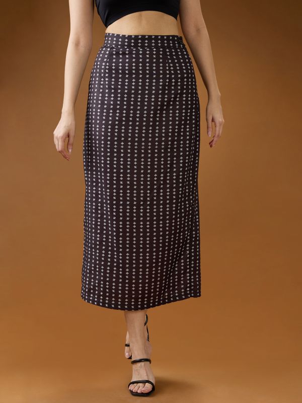 Globus Women Black & White Digital Parallel Print Mid-Rise Back Slit Straight Midi Skirt