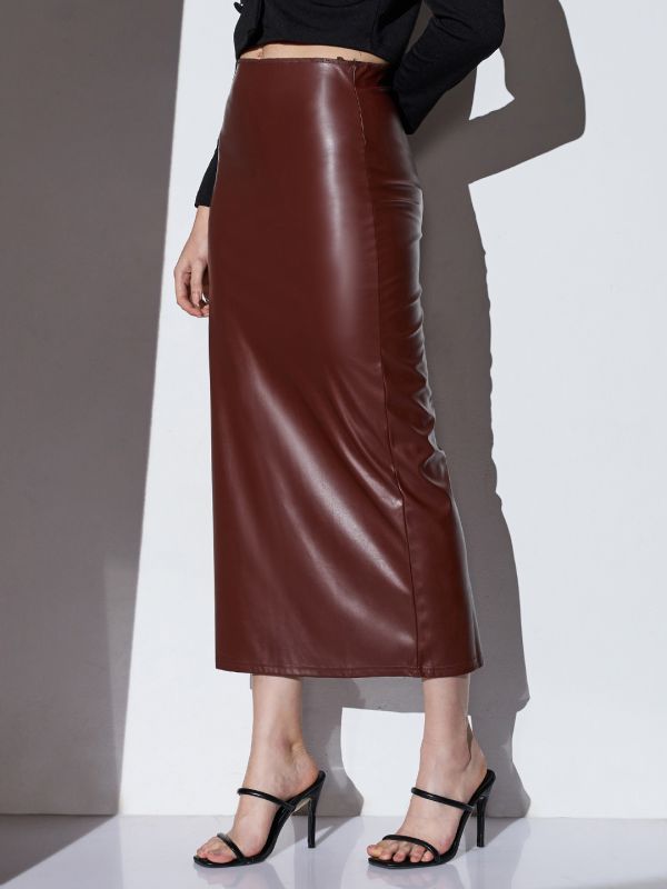 Globus Women Chocolate Brown Mid-Rise Solid Stretchable Back Slit Midi Party Pencil Skirt