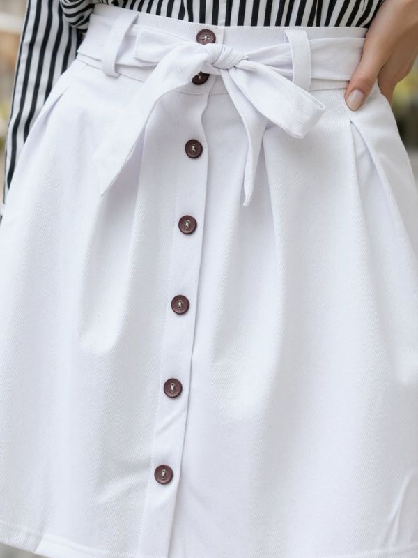 Globus Women White Mid-Rise Solid Button Down Pleated A-Line Korean Skirt With Belt