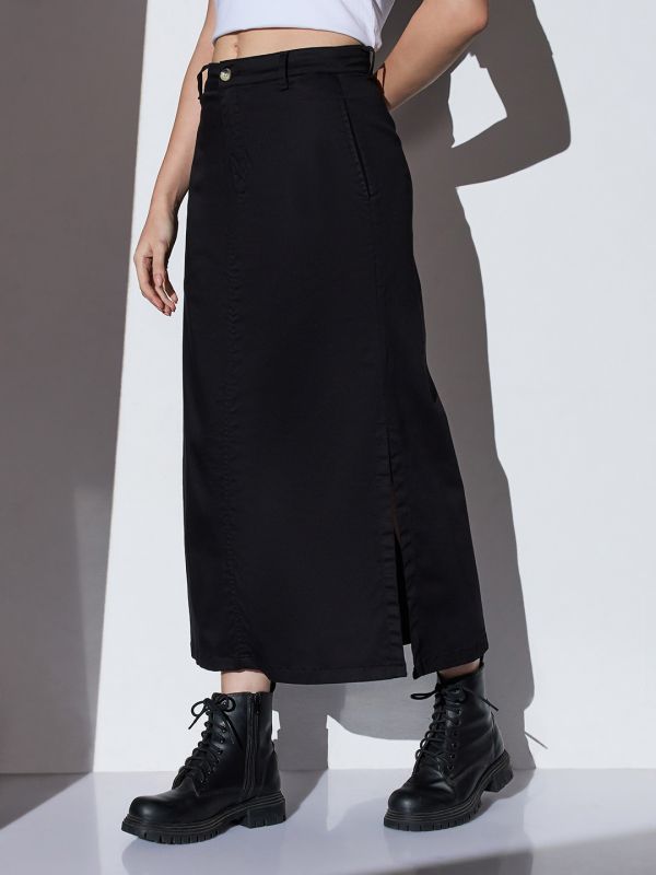 Globus Women Black Mid-Rise Solid Side Slit Straight Midi Denim Skirt