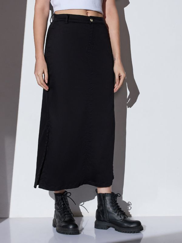 Globus Women Black Mid-Rise Solid Side Slit Straight Midi Denim Skirt