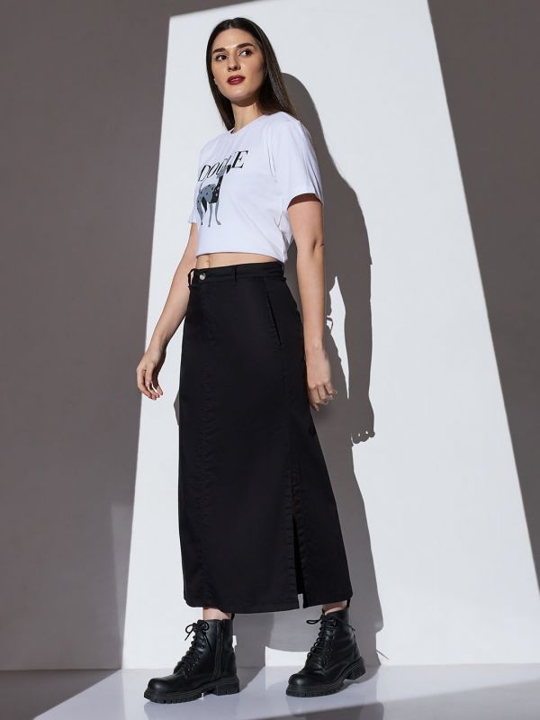 Globus Women Black Mid-Rise Solid Side Slit Straight Midi Denim Skirt