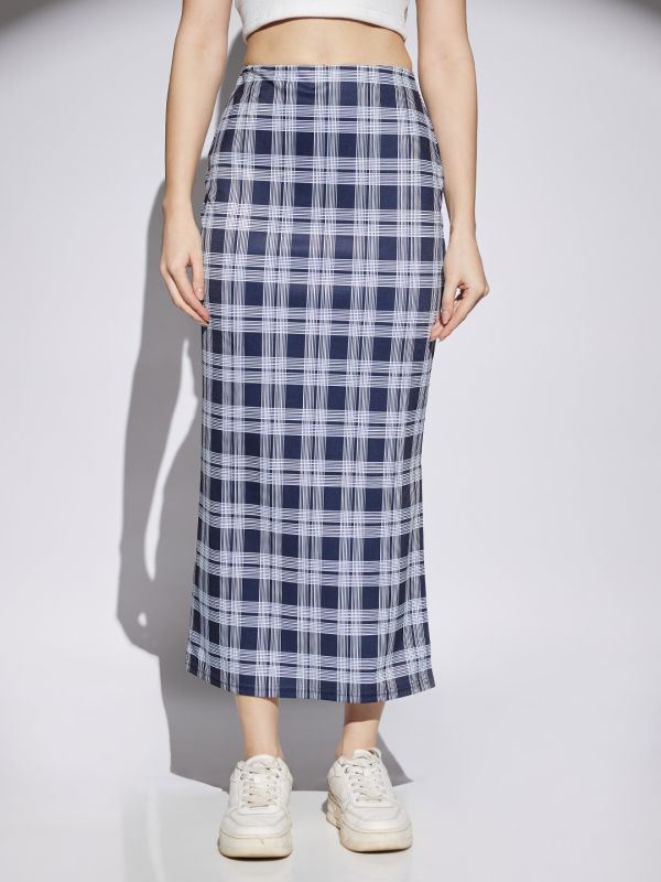 Globus Women Navy & White Checks Print Mid Rise Side Slit Pencil Midi Skirt