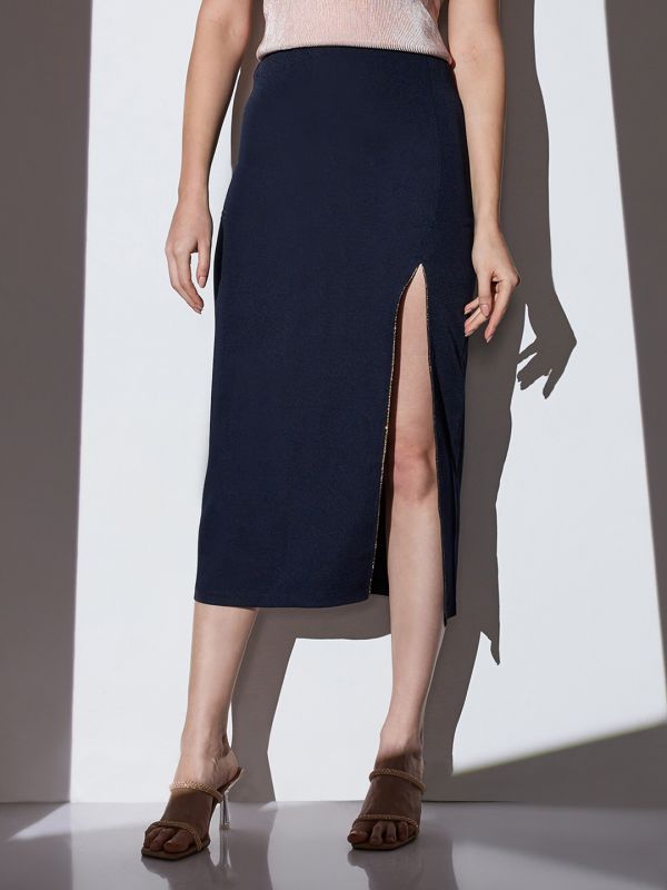 Globus Women Navy Mid-Rise Shimmer Front Slit Midi Party Pencil Skirt