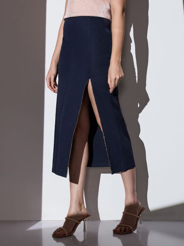 Globus Women Navy Mid-Rise Shimmer Front Slit Midi Party Pencil Skirt