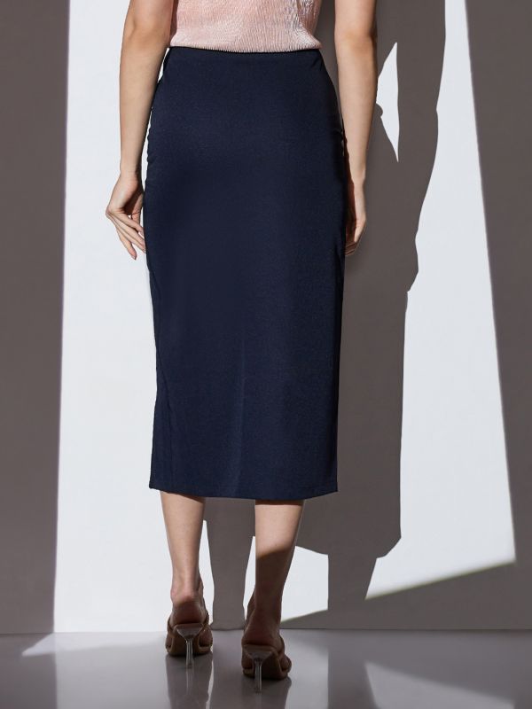 Globus Women Navy Mid-Rise Shimmer Front Slit Midi Party Pencil Skirt