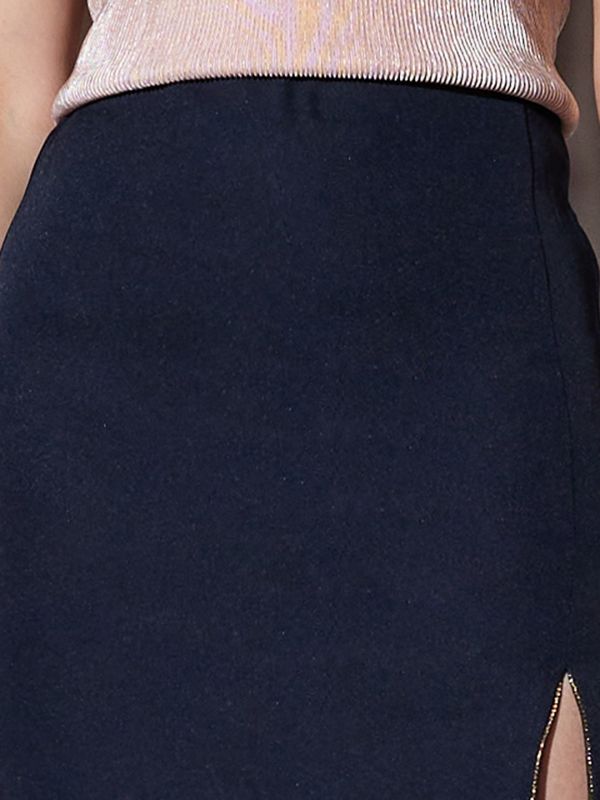 Globus Women Navy Mid-Rise Shimmer Front Slit Midi Party Pencil Skirt